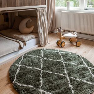 Hoogpolig Vloerkleed Berber Kris Kros Groen/wit-Rond 120 Ø