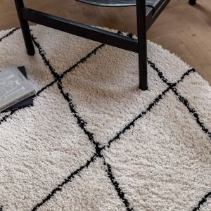 Rond Hoogpolig Vloerkleed Berber Kris Kros Wit/Zwart